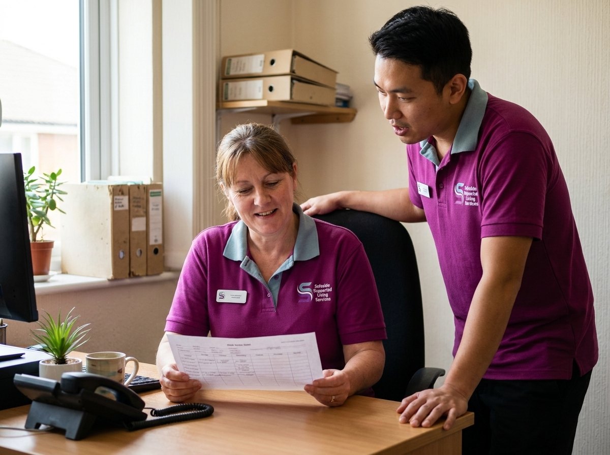 Safeside care manager and coordinator planning visit schedules at their East London office