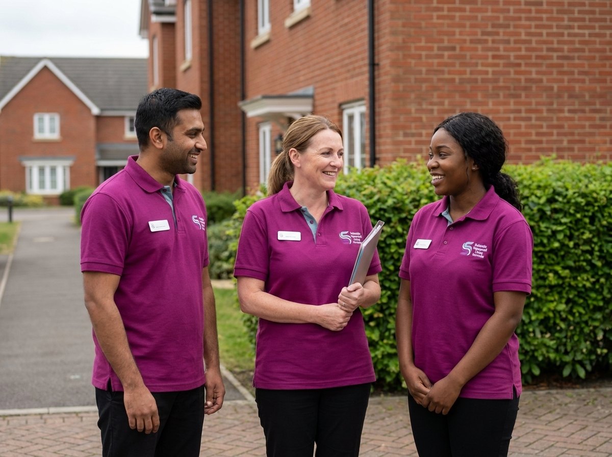 Safeside care team of European, African and Asian carers in branded uniforms in Barking, East London