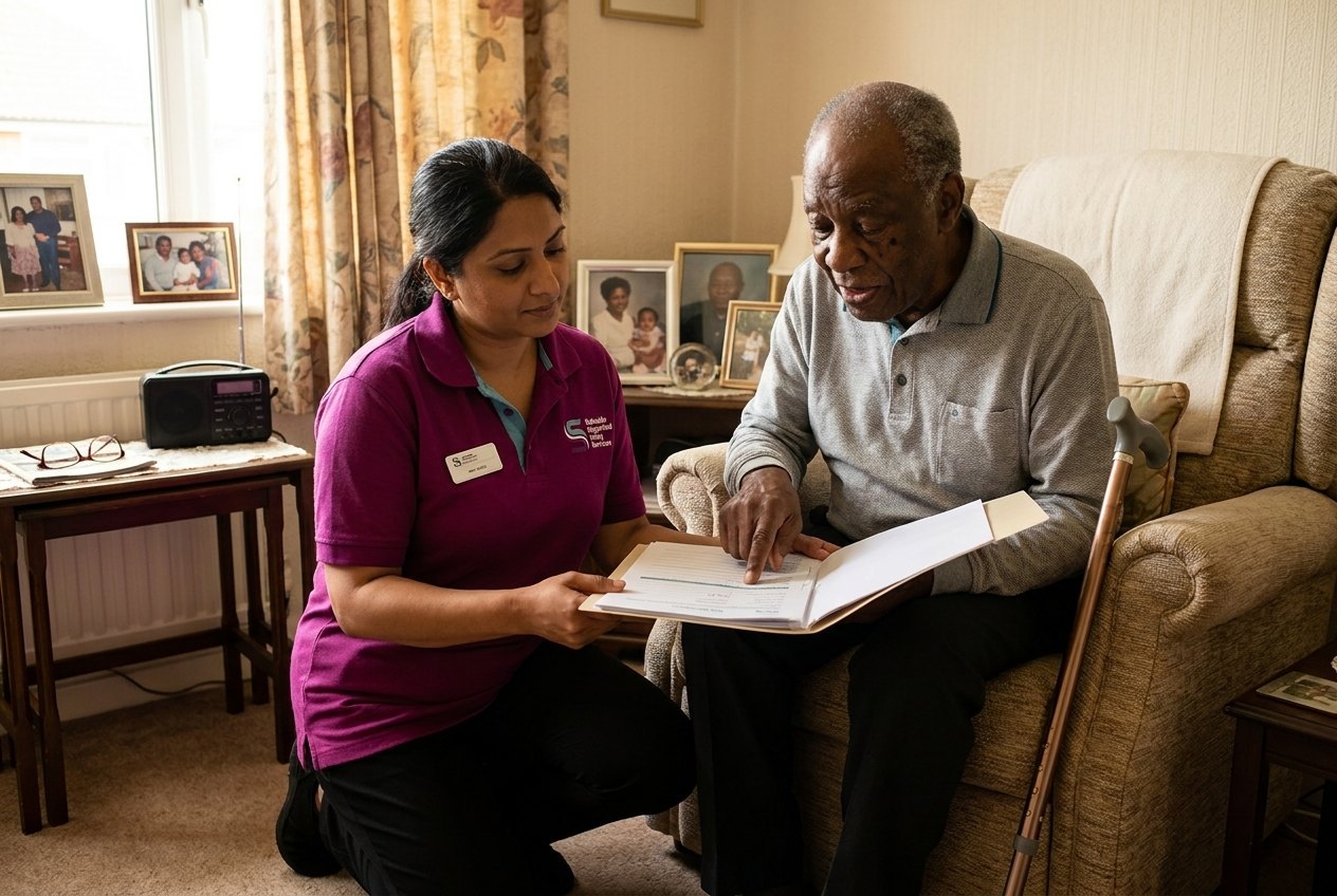Safeside carer discussing a personalised care plan with an older man in his own home