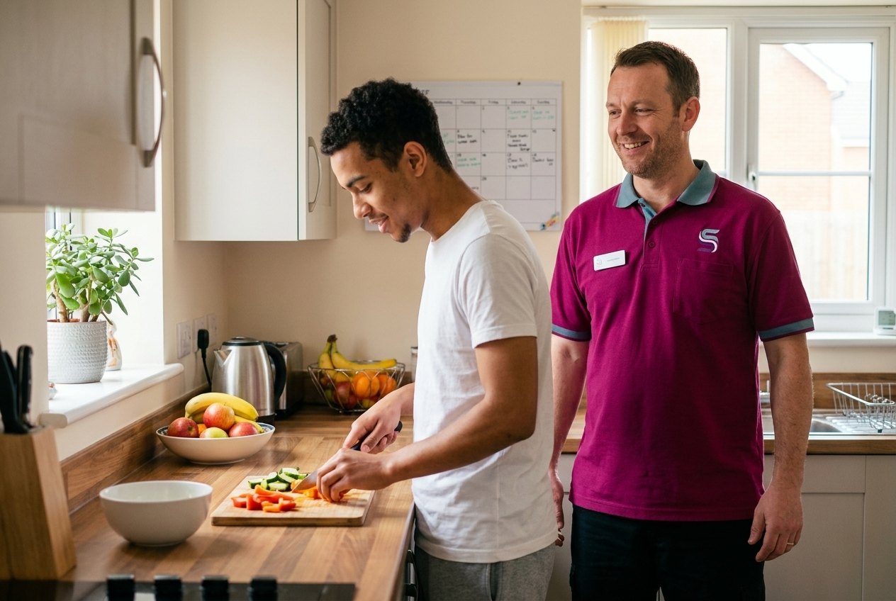 Support worker encouraging a young adult preparing a meal independently in supported living in Essex